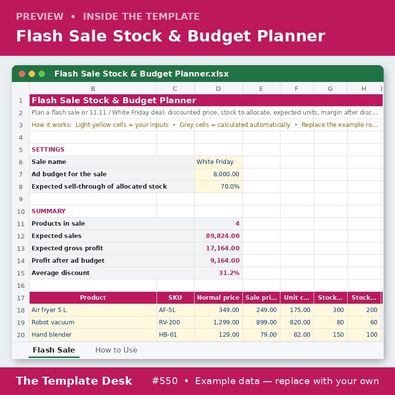 Flash Sale Stock & Budget Planner – sheet preview