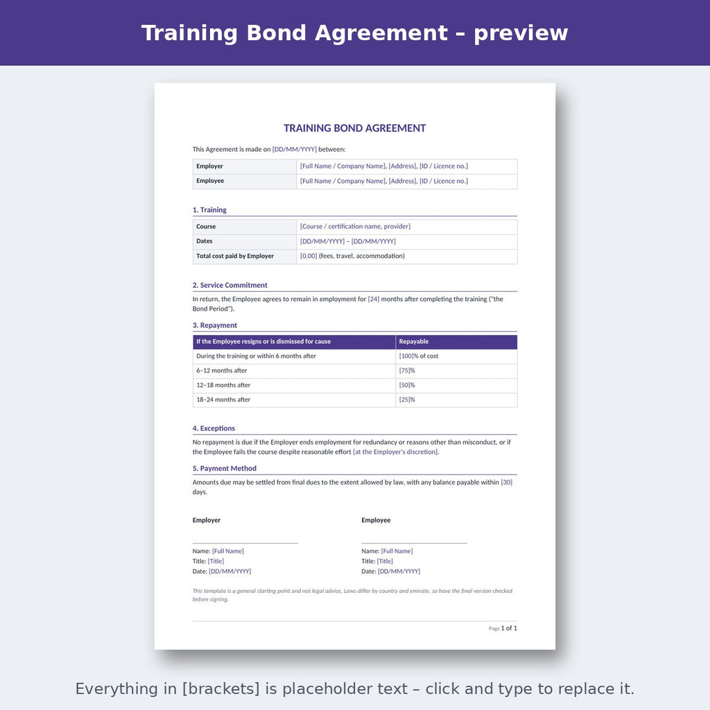 Training Bond Agreement – preview