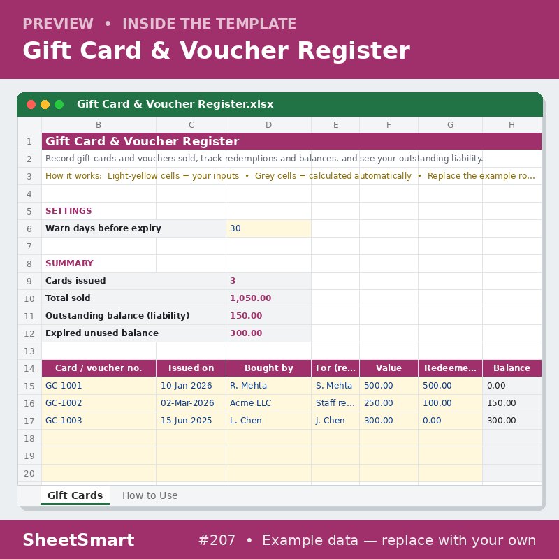 Gift Card & Voucher Register – sheet preview