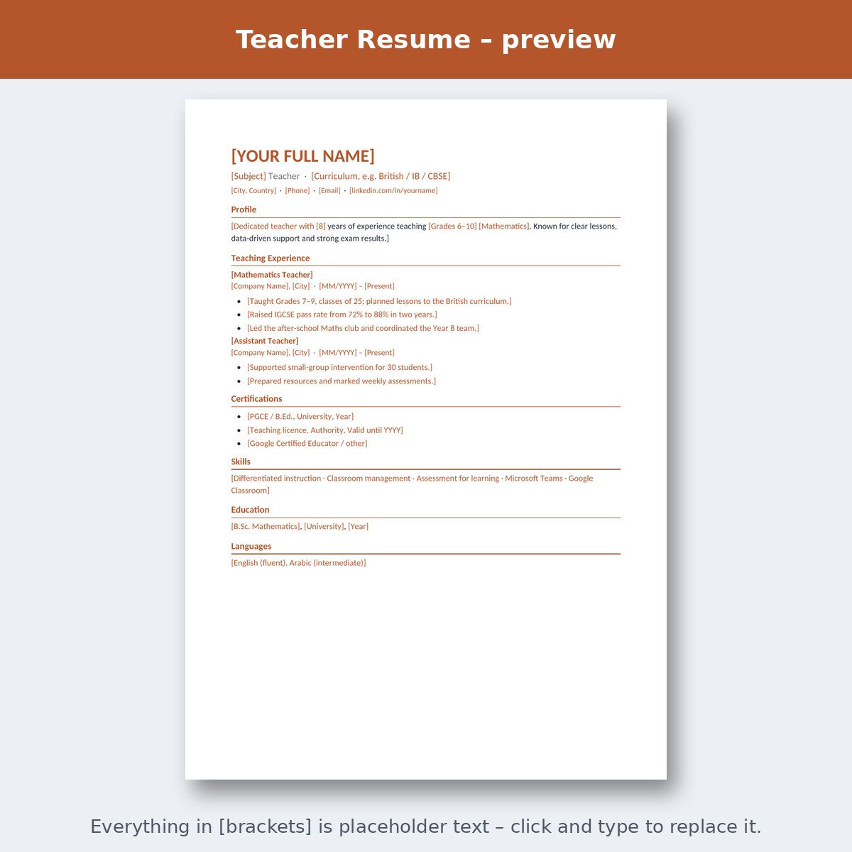 Teacher Resume – preview