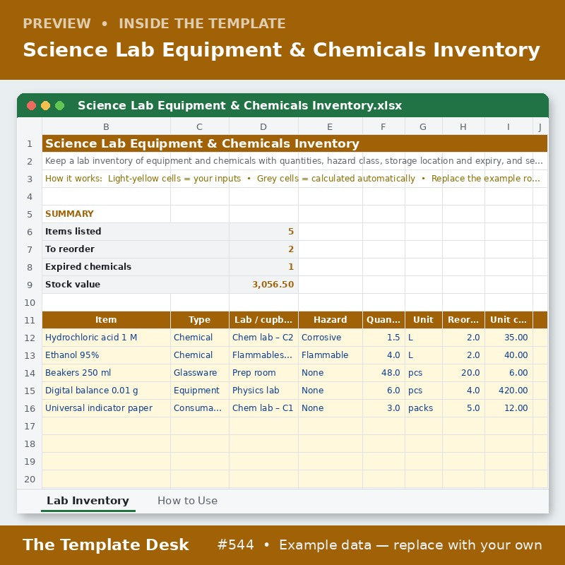 Science Lab Equipment & Chemicals Inventory – sheet preview