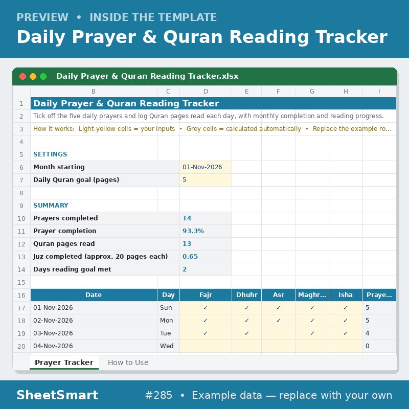 Daily Prayer & Quran Reading Tracker – sheet preview