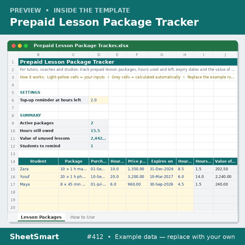 Prepaid Lesson Package Tracker – sheet preview