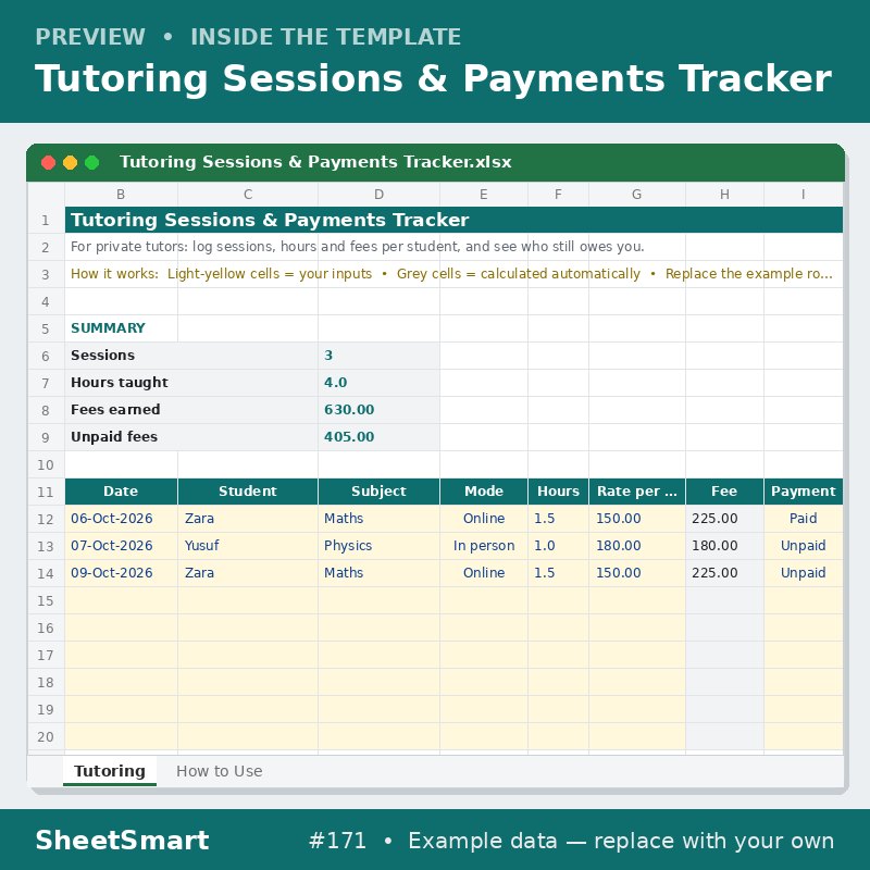 Tutoring Sessions & Payments Tracker – sheet preview