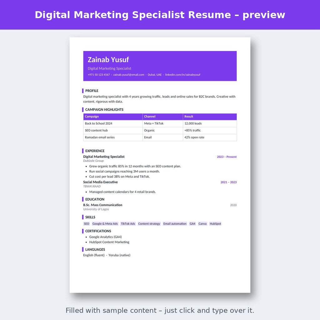 Digital Marketing Specialist Resume – preview