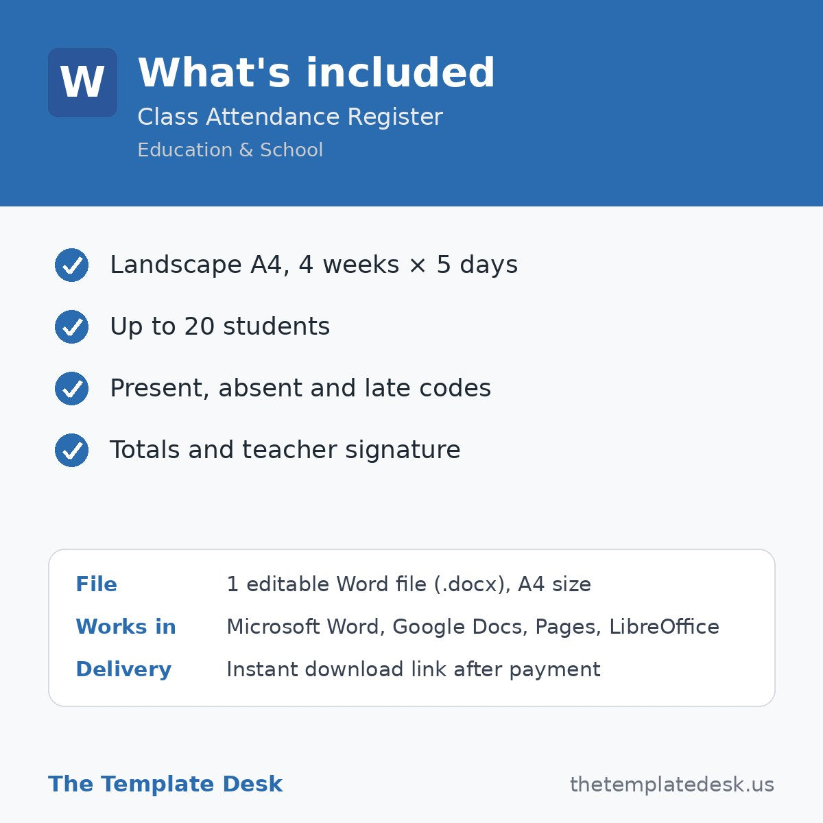 Class Attendance Register – what's included