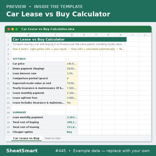 Car Lease vs Buy Calculator – sheet preview