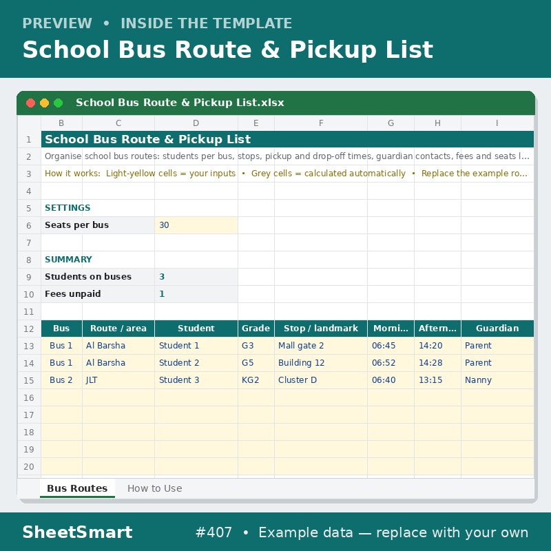 School Bus Route & Pickup List – sheet preview