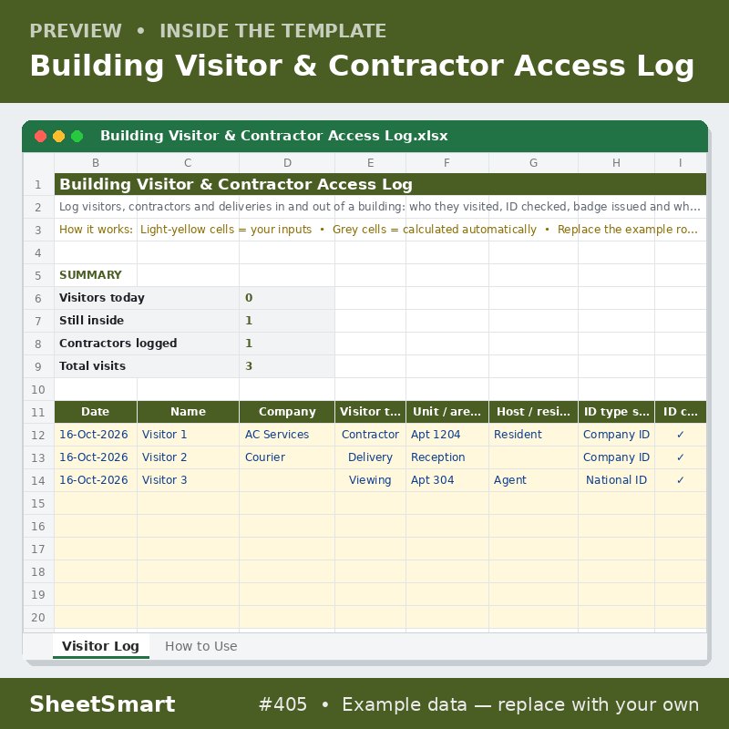 Building Visitor & Contractor Access Log – sheet preview