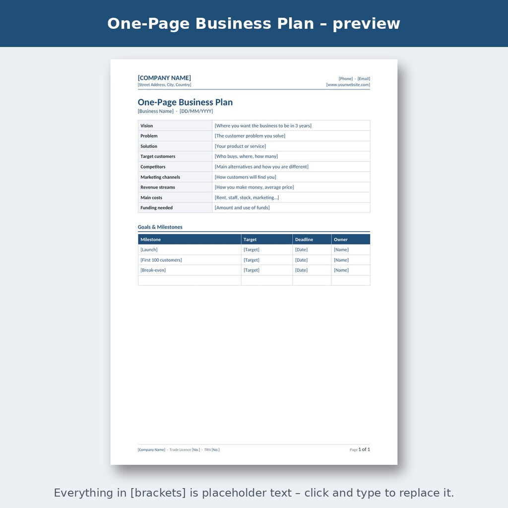 One-Page Business Plan – preview