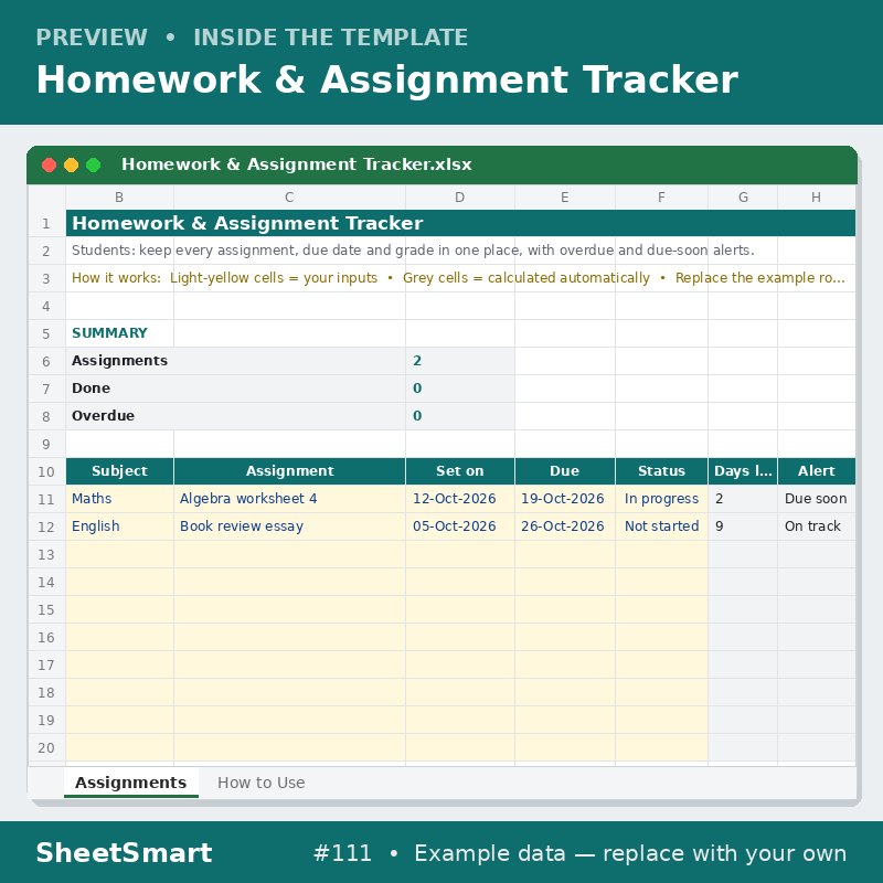 Homework & Assignment Tracker – sheet preview