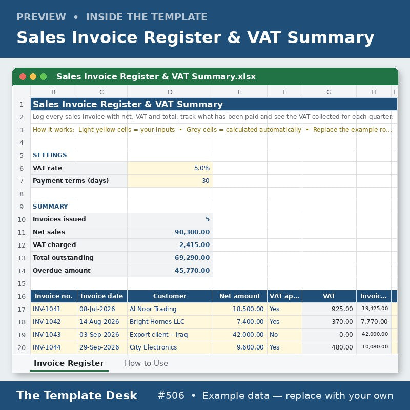 Sales Invoice Register & VAT Summary – sheet preview