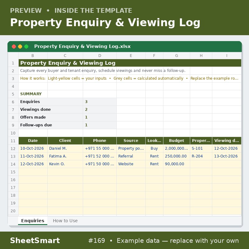 Property Enquiry & Viewing Log – sheet preview