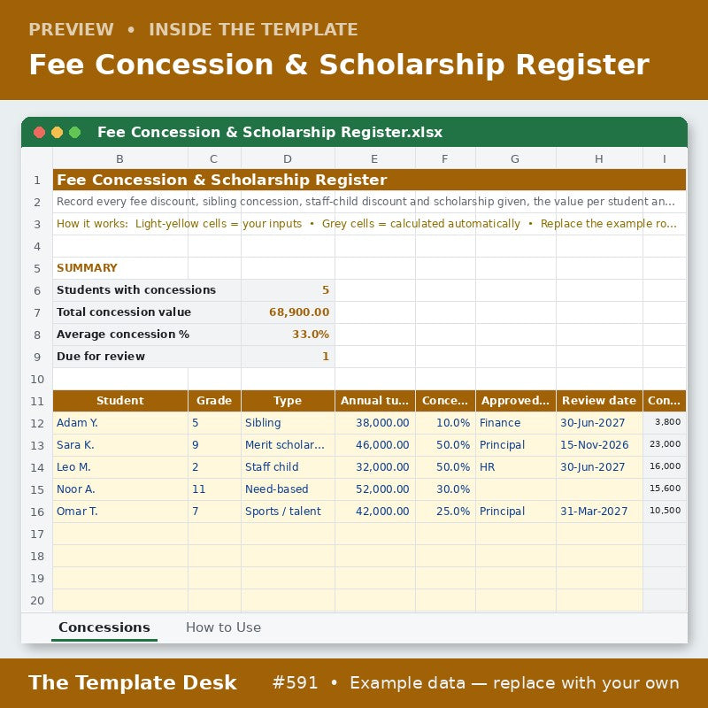 Fee Concession & Scholarship Register – preview