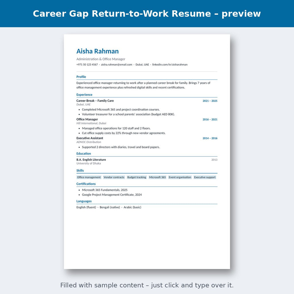 Career Gap Return-to-Work Resume – preview