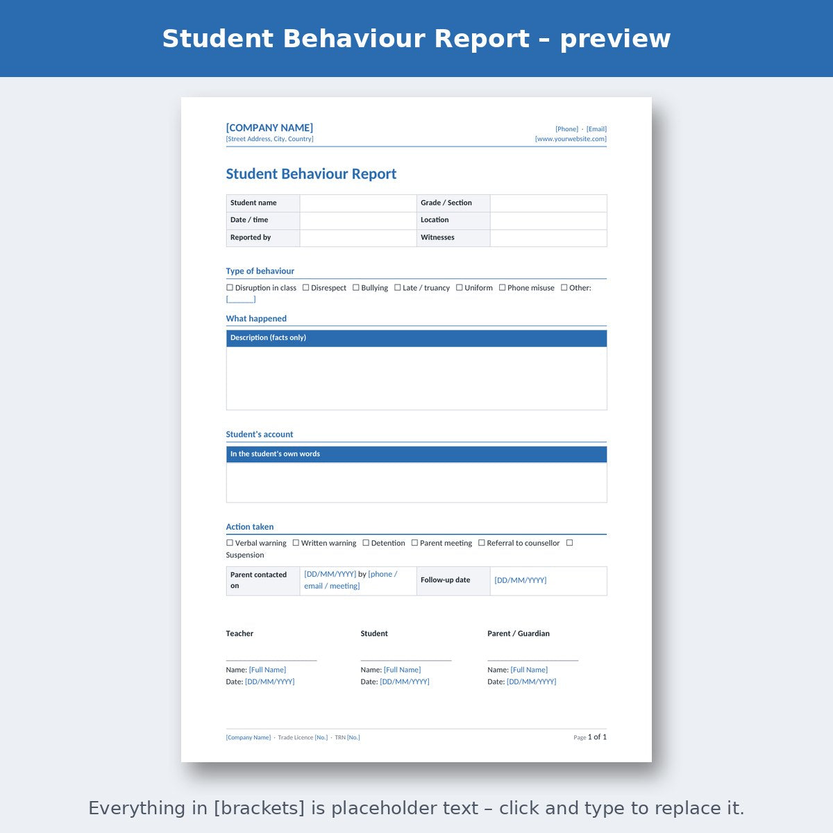 Student Behaviour Report – preview