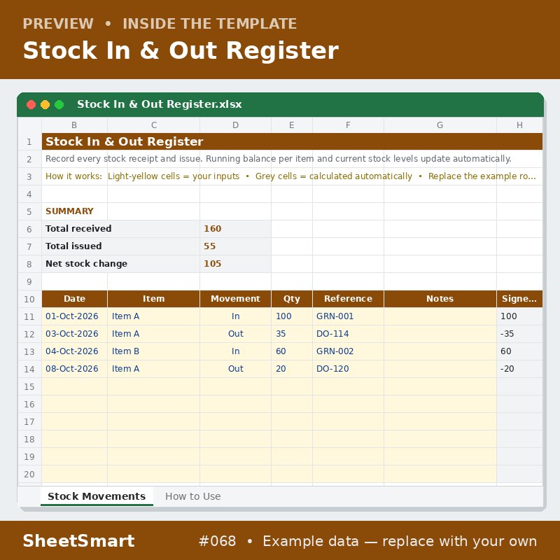 Stock In & Out Register – sheet preview