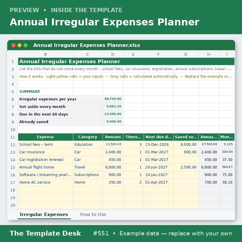 Annual Irregular Expenses Planner – preview