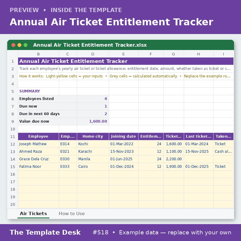 Annual Air Ticket Entitlement Tracker – sheet preview