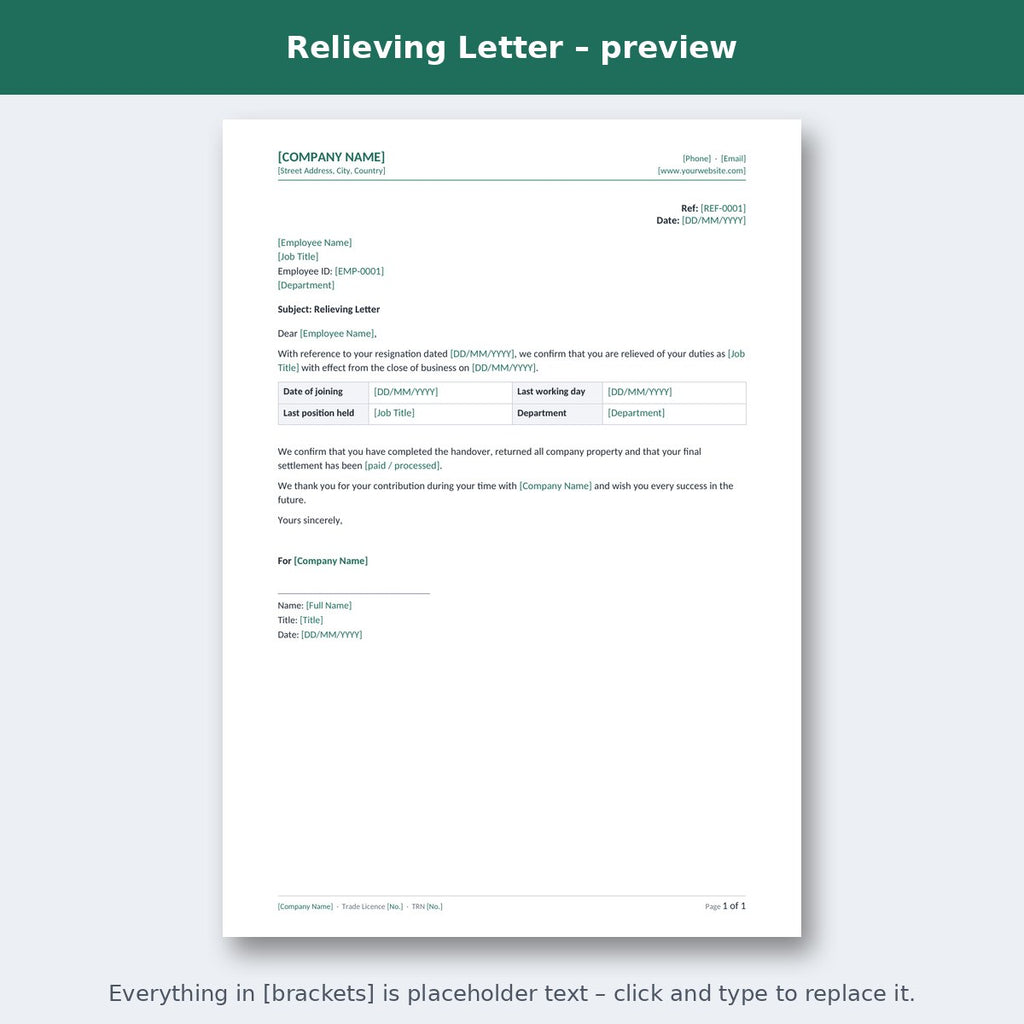 Relieving Letter – preview