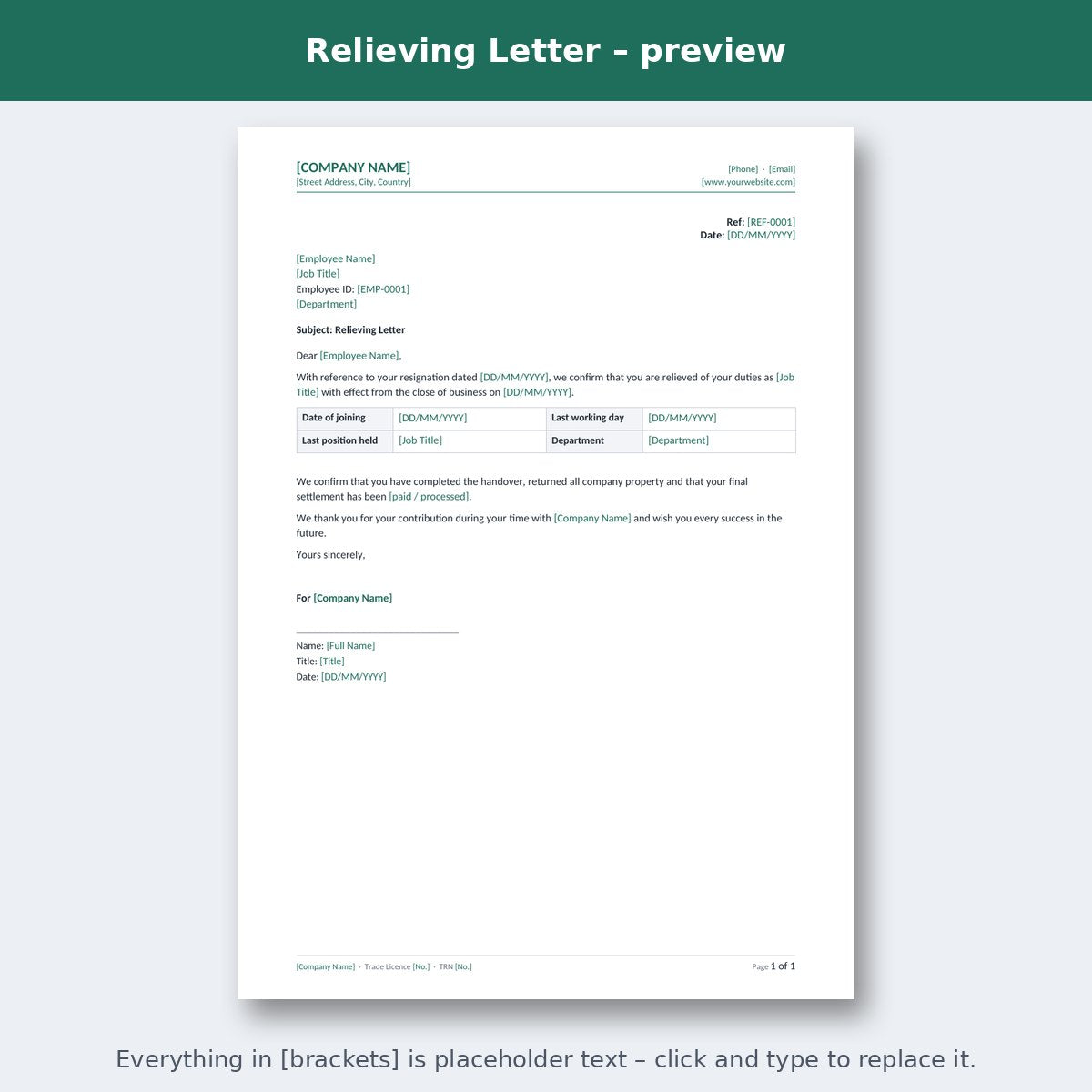 Relieving Letter – preview