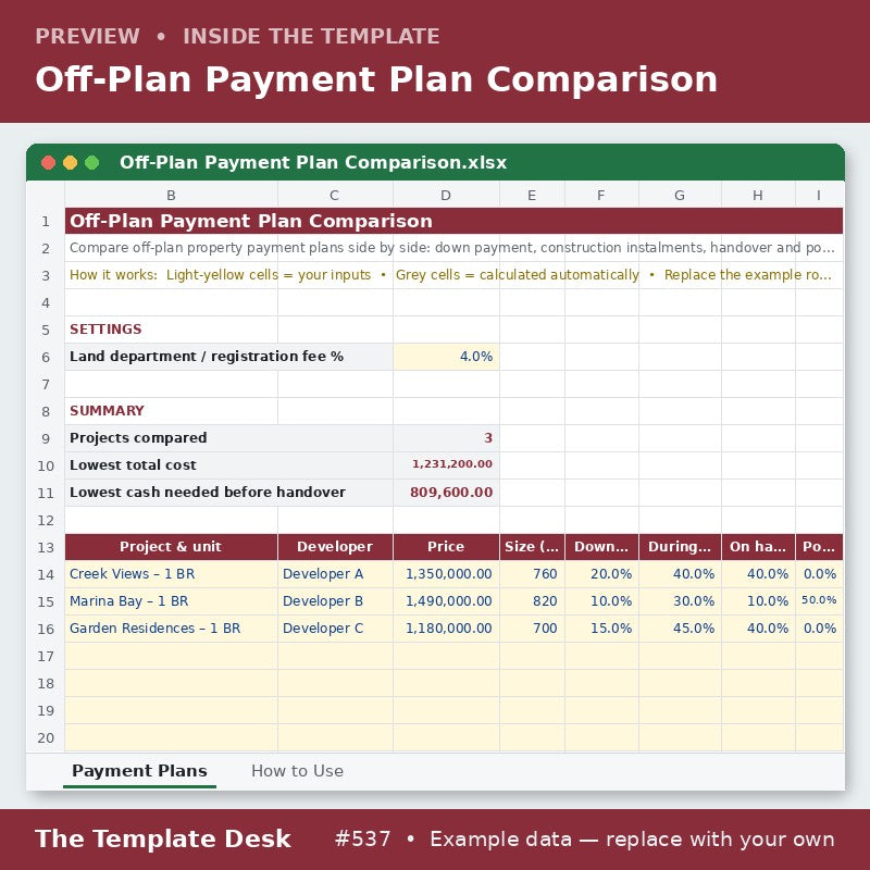 Off-Plan Payment Plan Comparison – sheet preview
