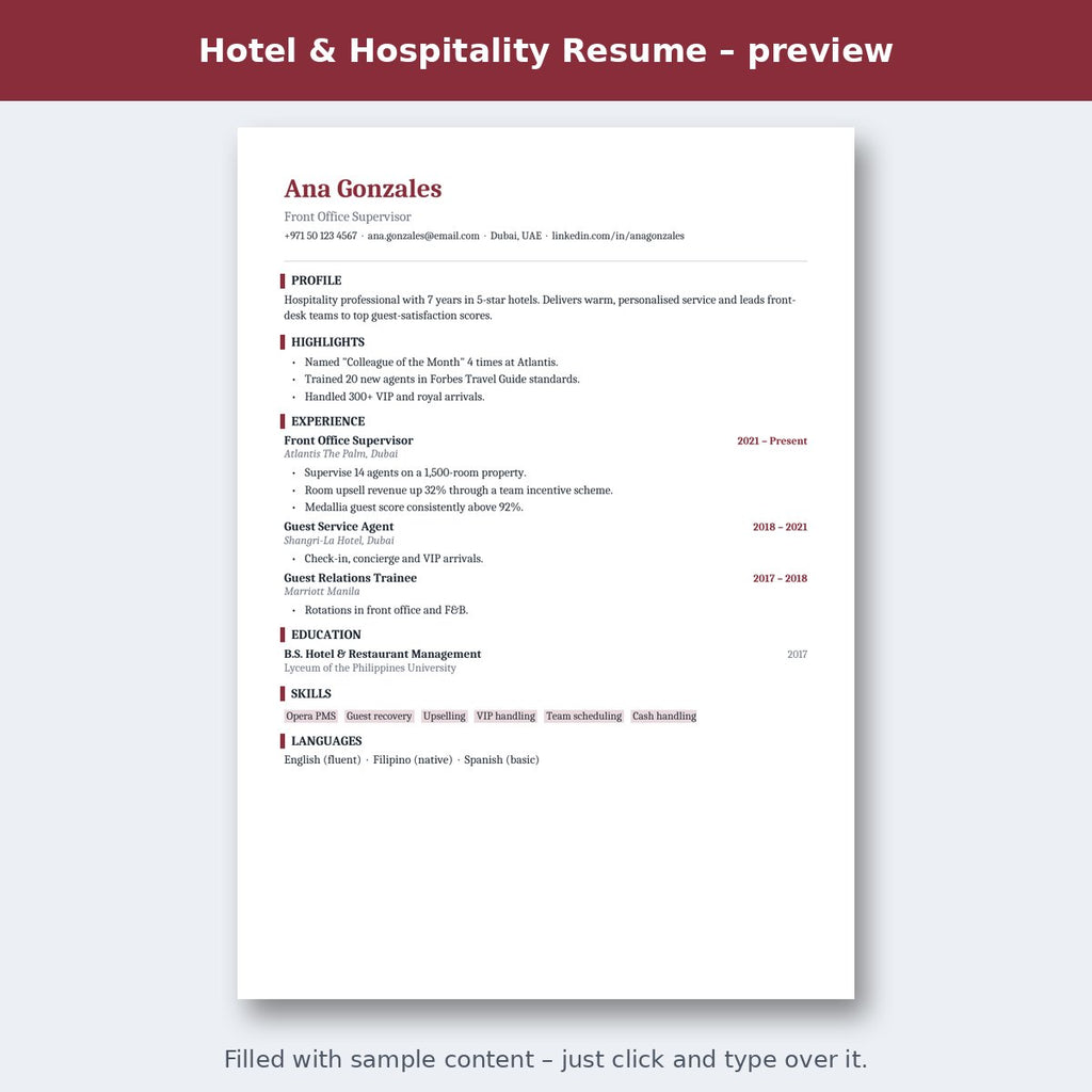 Hotel & Hospitality Resume – preview
