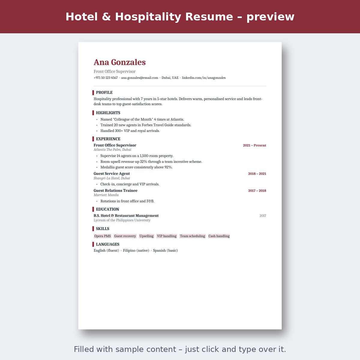 Hotel & Hospitality Resume – preview