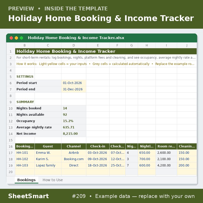 Holiday Home Booking & Income Tracker – sheet preview
