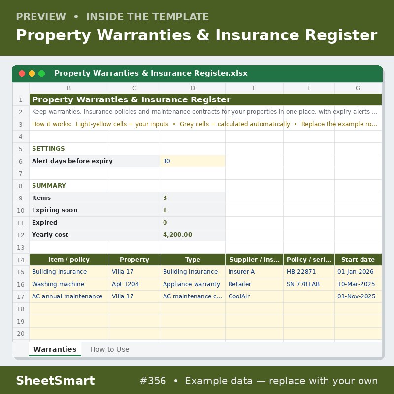 Property Warranties & Insurance Register – sheet preview