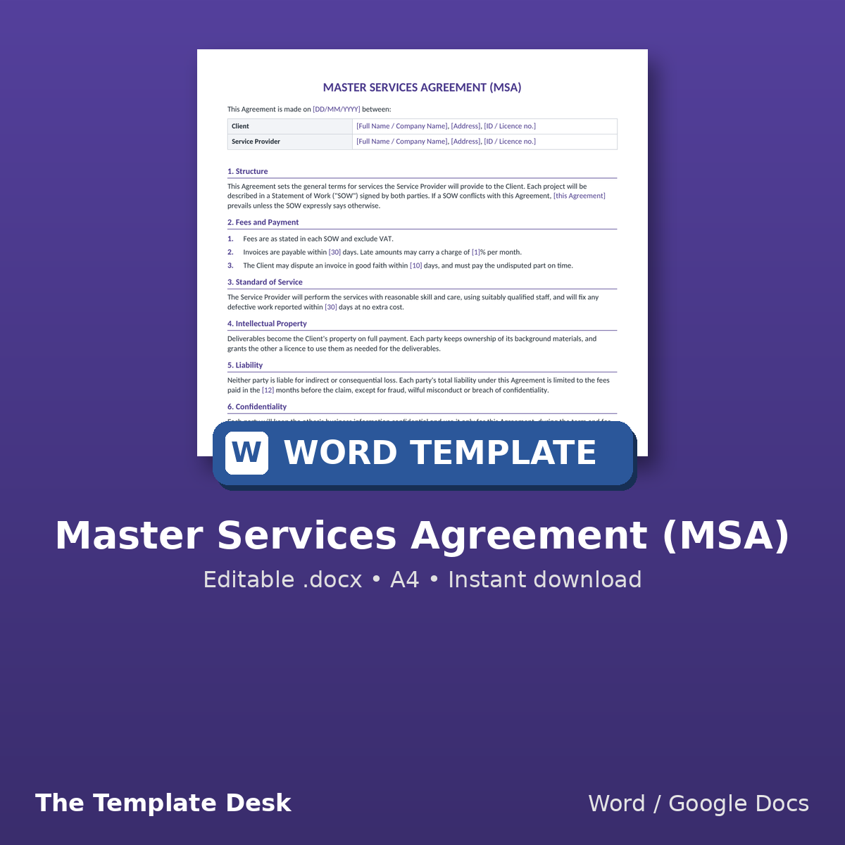 Master Services Agreement (MSA) – cover
