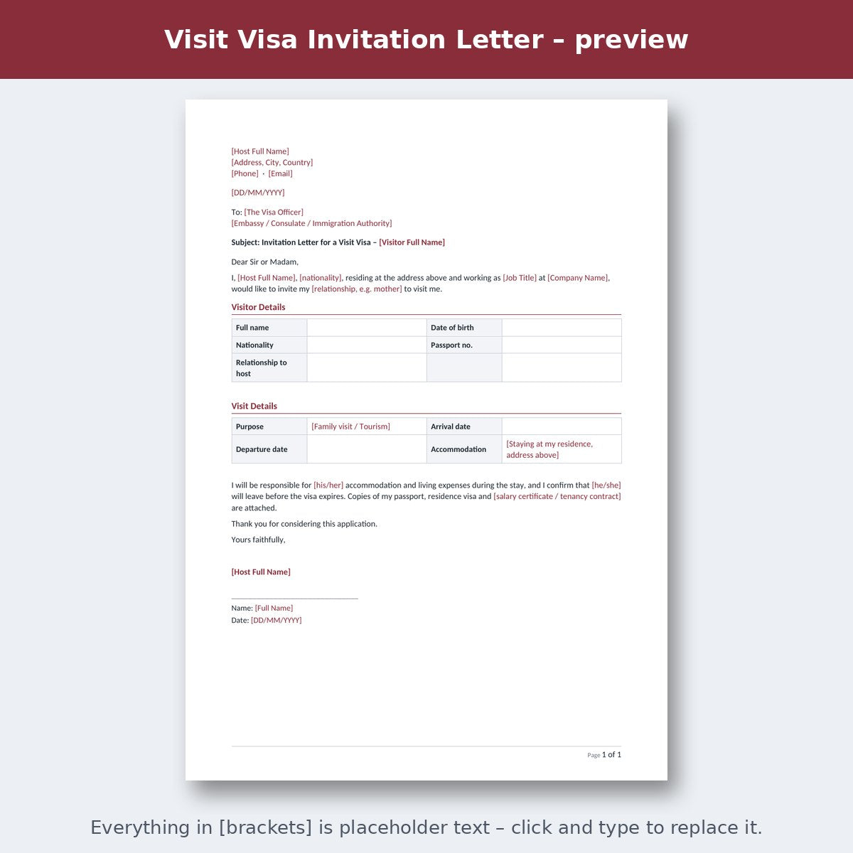 Visit Visa Invitation Letter – preview
