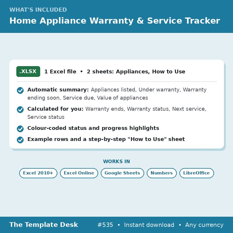 Home Appliance Warranty & Service Tracker – what's included