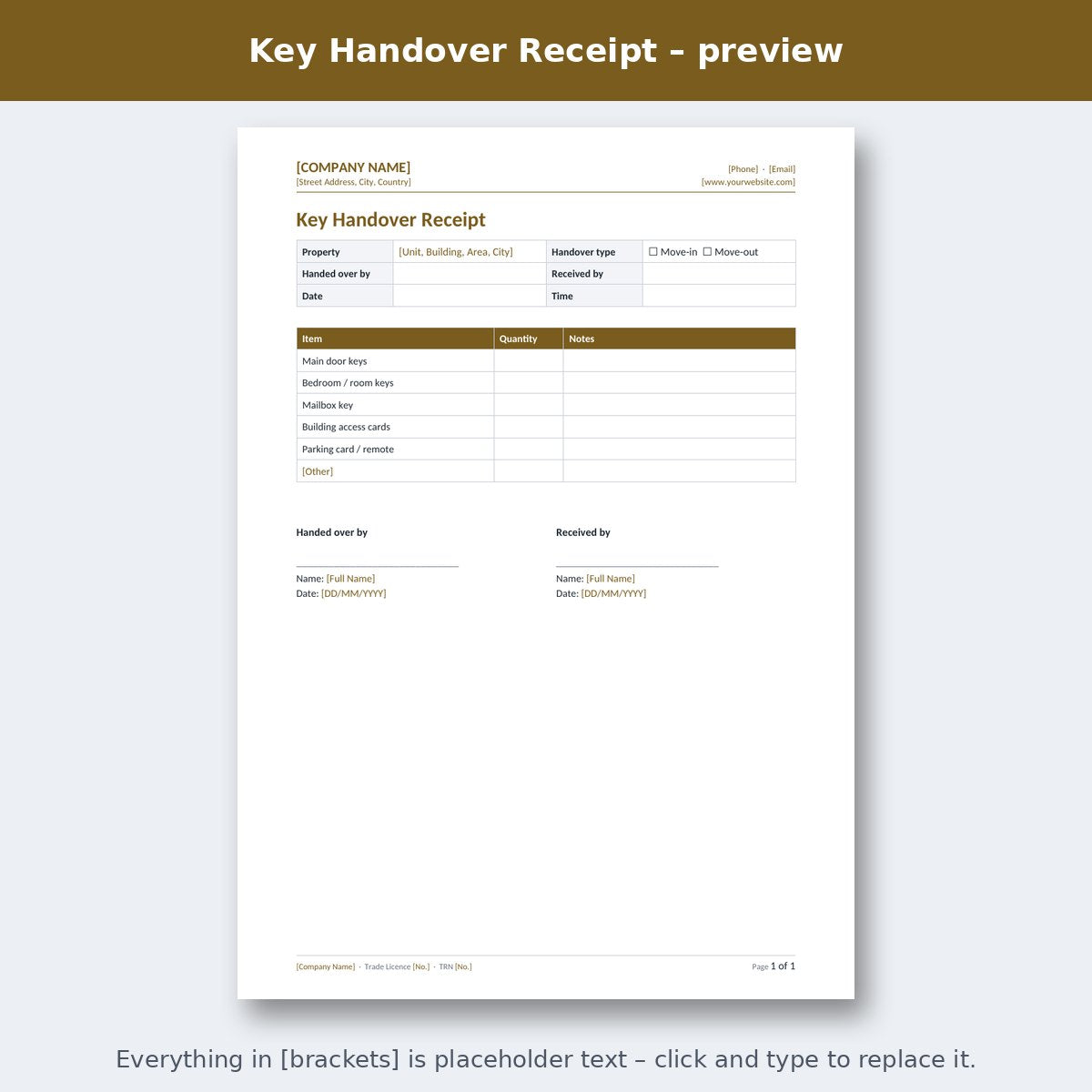 Key Handover Receipt – preview