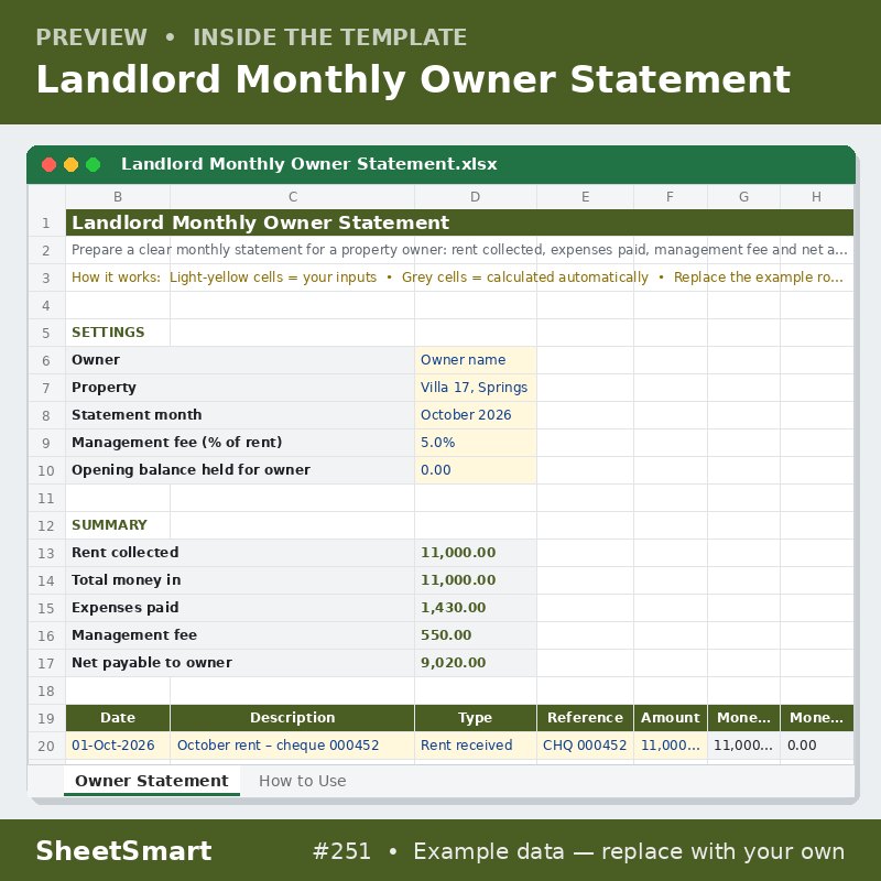 Landlord Monthly Owner Statement – sheet preview