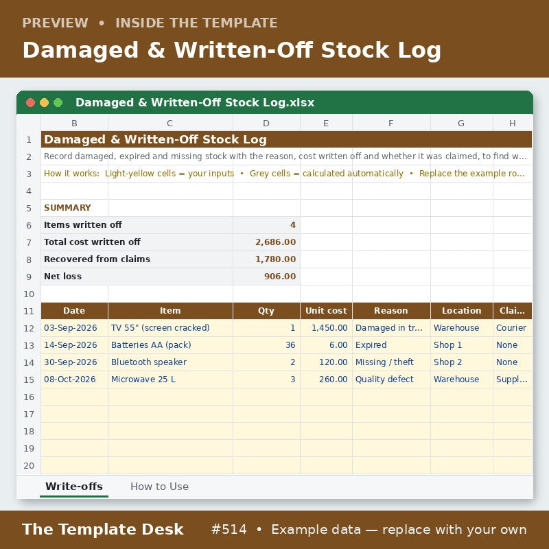 Damaged & Written-Off Stock Log – sheet preview