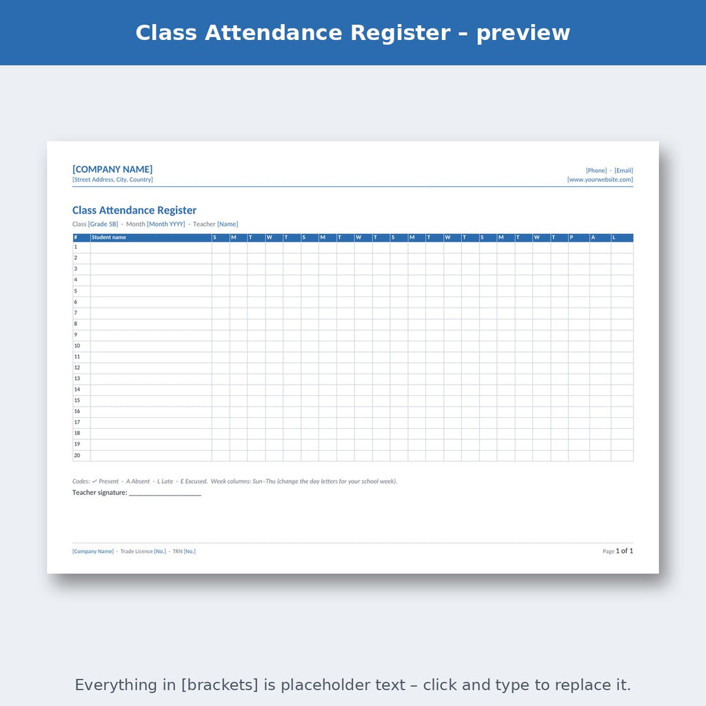 Class Attendance Register – preview