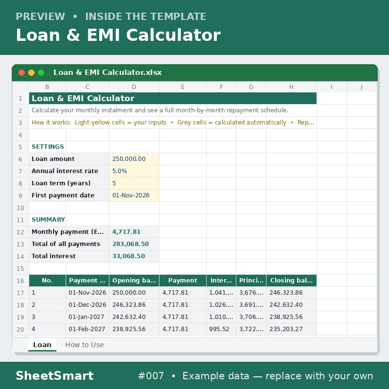 Loan & EMI Calculator – sheet preview