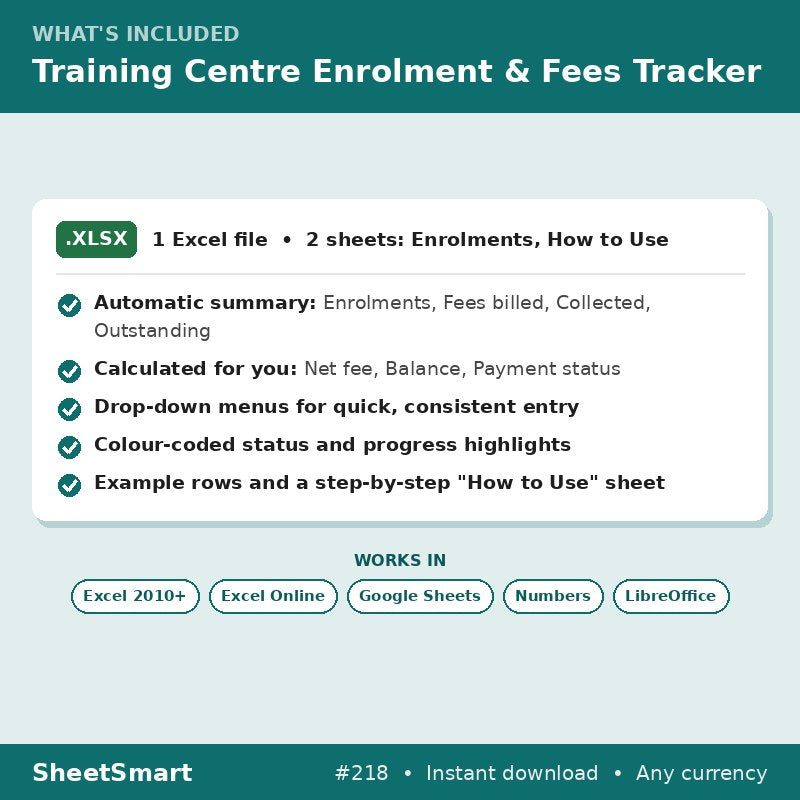 Training Centre Enrolment & Fees Tracker – what's included