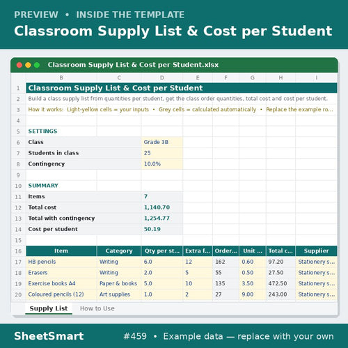 Classroom Supply List & Cost per Student – sheet preview