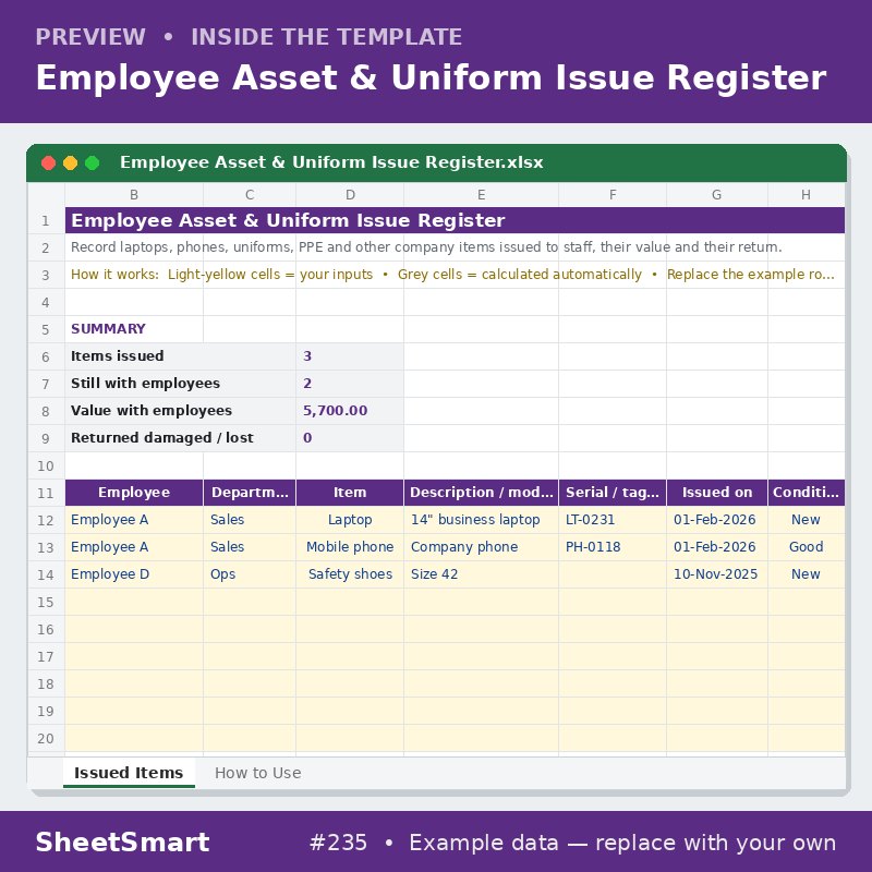 Employee Asset & Uniform Issue Register – sheet preview