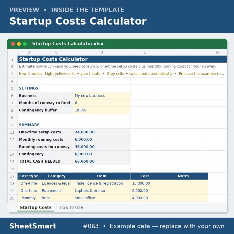 Startup Costs Calculator – sheet preview