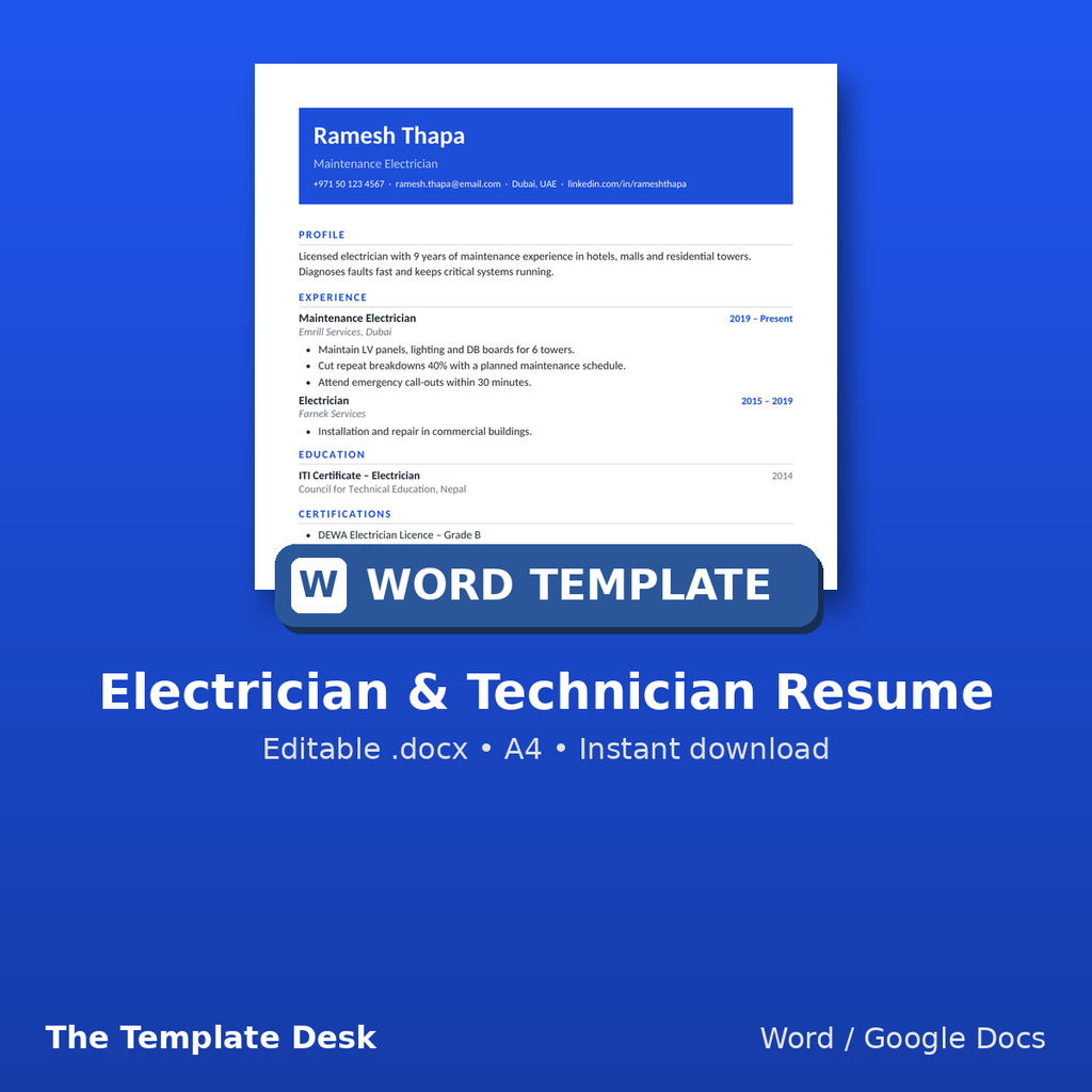 Electrician & Technician Resume – cover