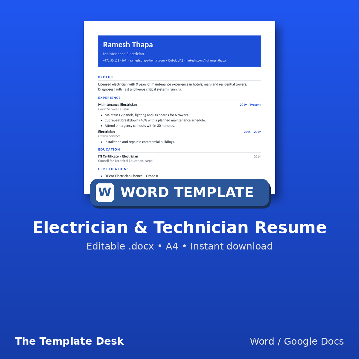 Electrician & Technician Resume – cover