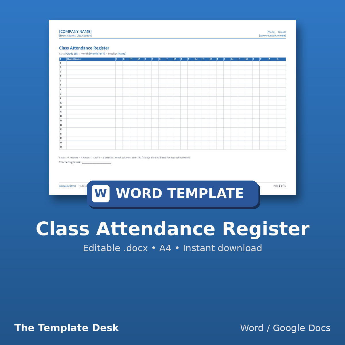 Class Attendance Register – cover