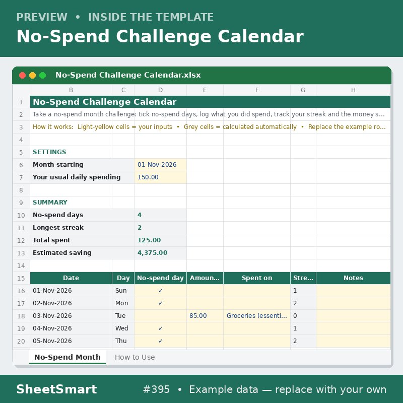 No-Spend Challenge Calendar – sheet preview