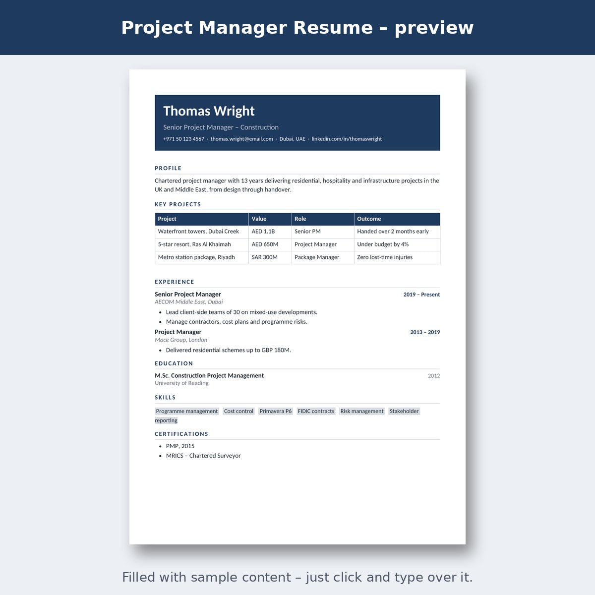 Project Manager Resume – preview