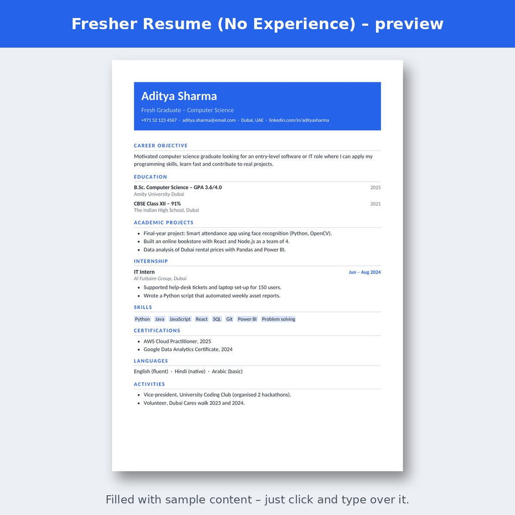Fresher Resume (No Experience) – preview
