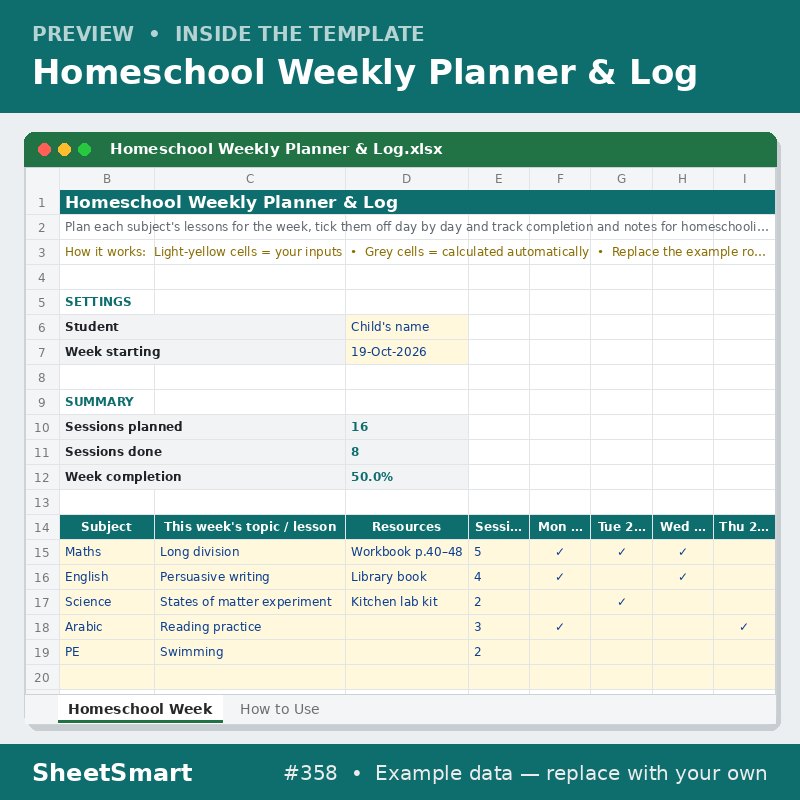 Homeschool Weekly Planner & Log – sheet preview