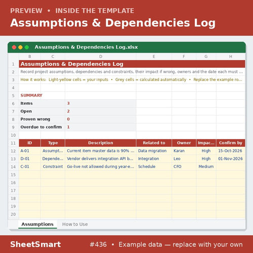 Assumptions & Dependencies Log – sheet preview